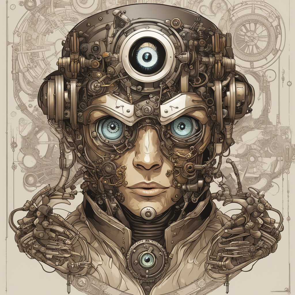 Splash image of a steampunk cyborg with lots of gears and prosthetic eye in vector style...