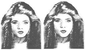 Image from a study showing two versions of a female face side-by-side with proportions of facial features tweaked slightly to excite 'beauty detectors'.