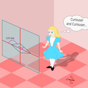 Detailed artistic rendering in isometric perspective of an Alice-in-Wonderland-like figure examining a diagram illustrating isometric geometry — specifically a mathematical artwork.